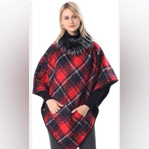 Belle Dame  Faux Fur Collar Poncho Cape with Pocket Plaid Poncho Shawl Cape